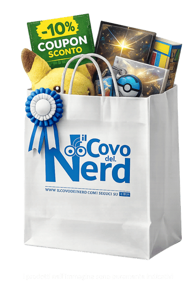 Esempio del regalo in palio: shopper Il Covo del Nerd con peluche, collectibles e coupon sconto